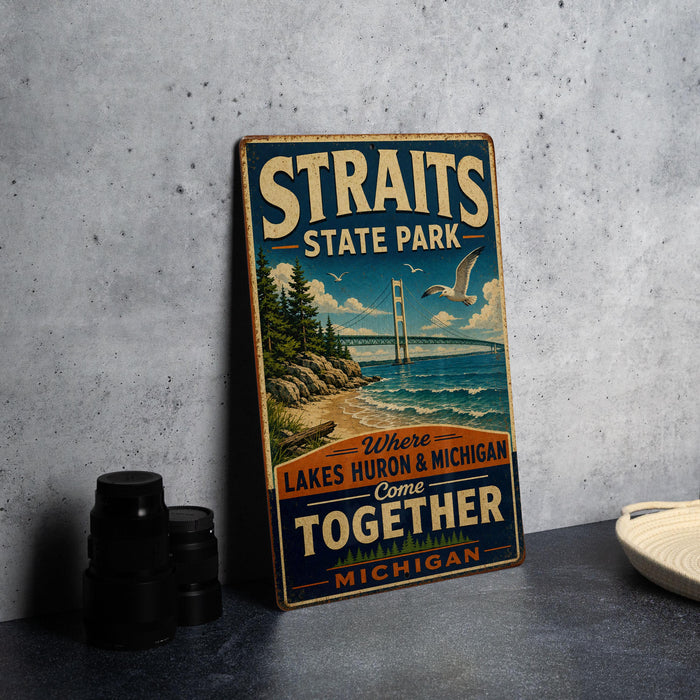 A vintage metal sign for Straits State Park, featuring a scenic image of the strait and the bridge, along with the text "Where lakes Huron & Michigan come together together Michigan".