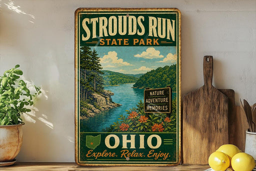 A vintage-style sign for Strouds Run State Park in Ohio, featuring a scenic landscape with a lake and mountains.