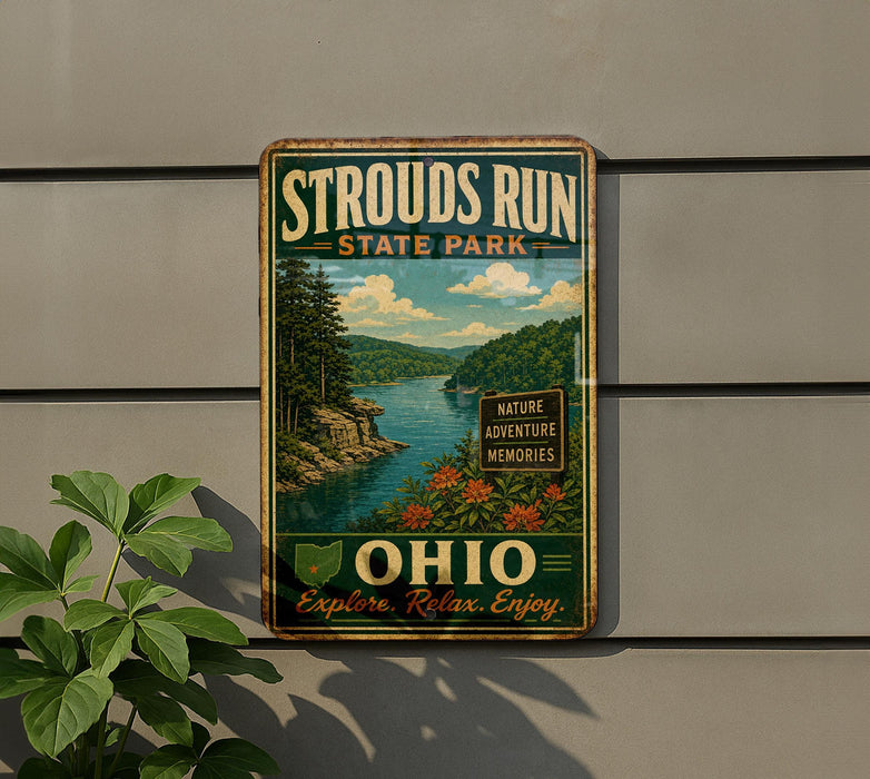 A vintage-style metal sign for Strouds Run State Park in Ohio, featuring a scenic landscape with a lake and mountains.