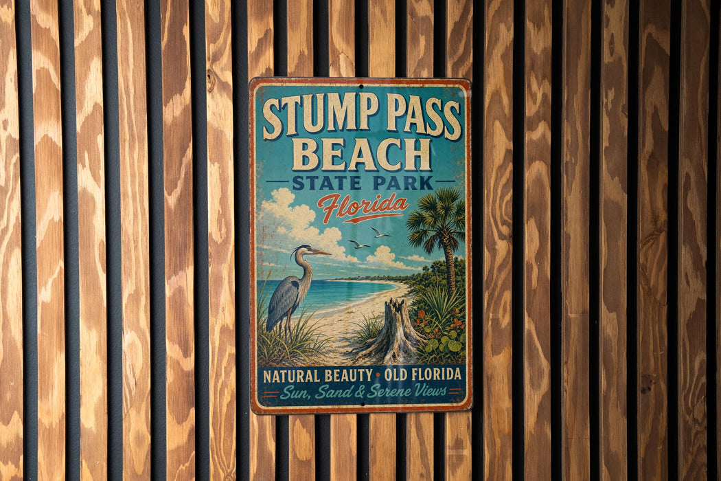 a vintage-style sign for Stump Pass Beach State Park, Florida, with a beach scene and a bird in the background.