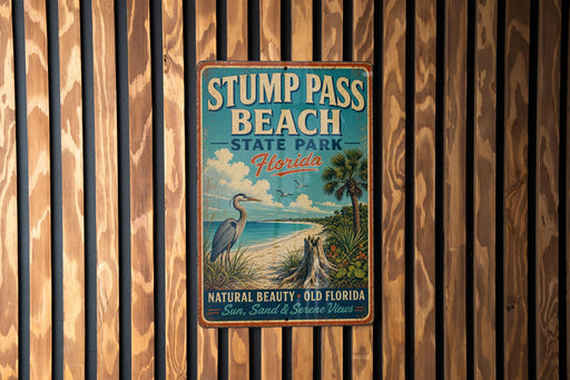 a vintage-style sign for Stump Pass Beach State Park, Florida, with a beach scene and a bird in the background.