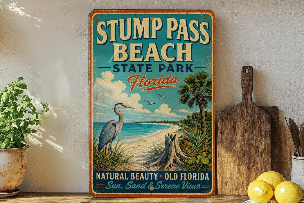 a vintage-style sign for Stump Pass Beach State Park in Florida, with a beach scene and a bird illustration. The sign is displayed on a shelf next to a wooden cutting board and a potted plant.