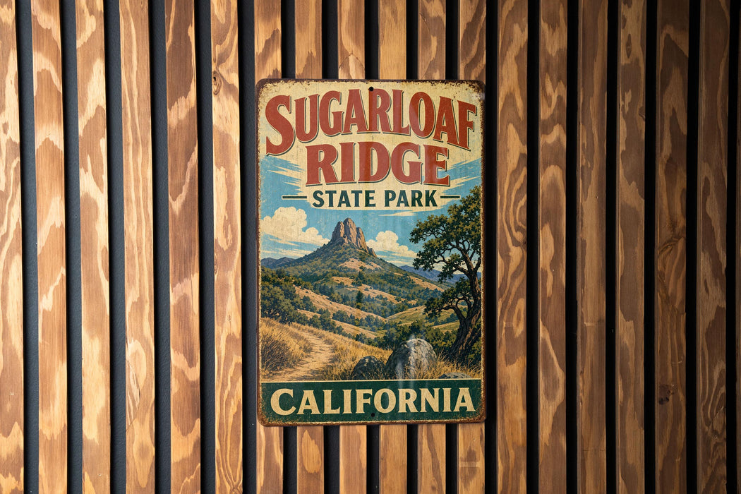 A vintage-style metal sign for Sugarloaf Ridge State Park in California, featuring a mountain landscape and the text "Sugarloaf Ridge State Park" prominently displayed.