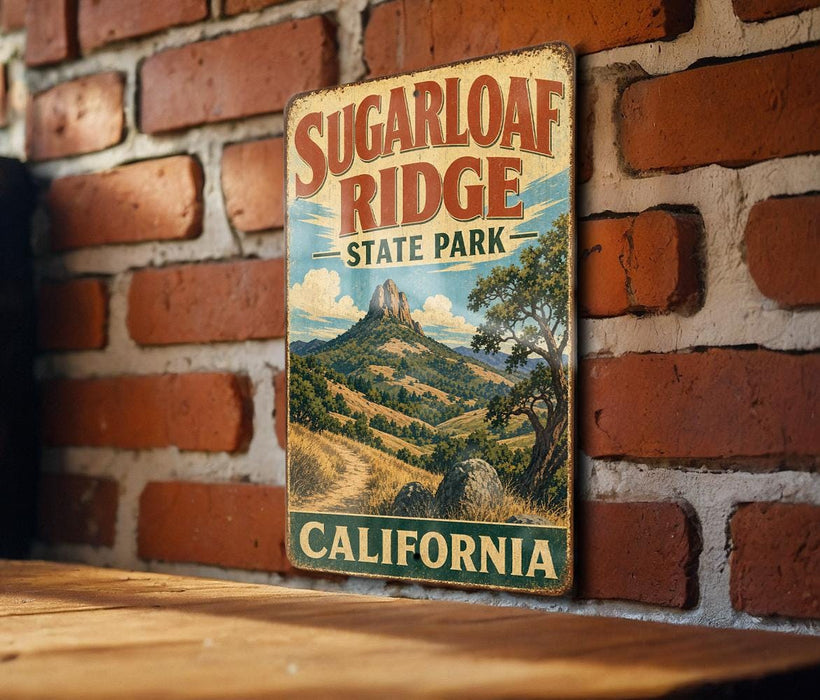 A vintage-style metal sign for Sugarloaf Ridge State Park in California, featuring a scenic mountain landscape.