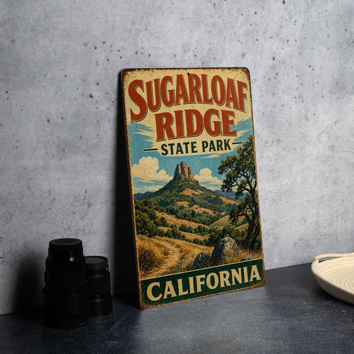A vintage-style metal sign for Sugarloaf Ridge State Park in California, featuring a scenic landscape with mountains and trees.