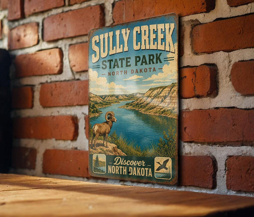 A vintage-style metal sign for Sully Creek State Park in North Dakota, featuring a scenic illustration of a mountain landscape with a river and a ram.