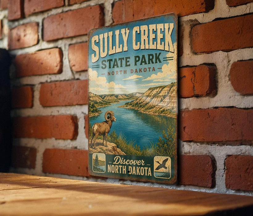 A vintage-style metal sign for Sully Creek State Park in North Dakota, featuring a scenic illustration of a mountain landscape with a river and a ram.