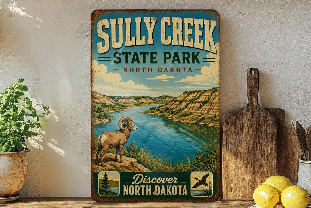 a vintage-style sign for Sully Creek State Park in North Dakota, with a scenic illustration of a river and mountains in the background.