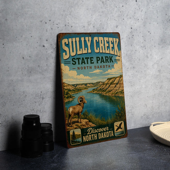 a vintage-style sign for Sully Creek State Park in North Dakota, with a scenic illustration of a river and mountains.