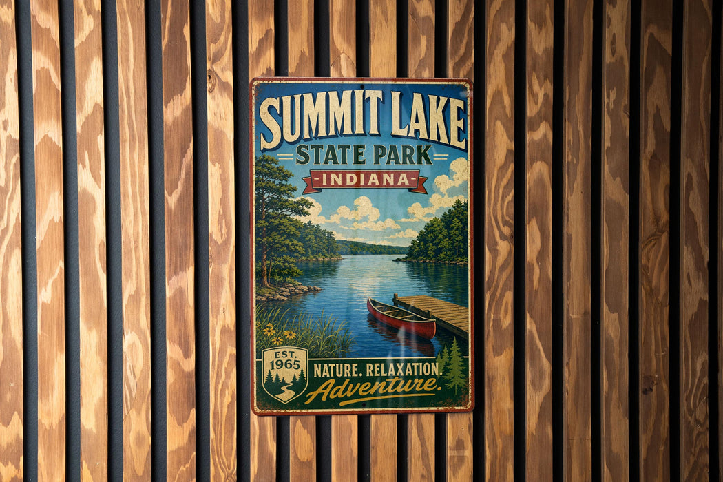 A vintage metal sign for Summit Lake State Park, Indiana, featuring a scenic image of a lake with a canoe and a dock.