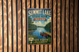 A vintage metal sign for Summit Lake State Park, Indiana, featuring a scenic image of a lake with a canoe and a dock.