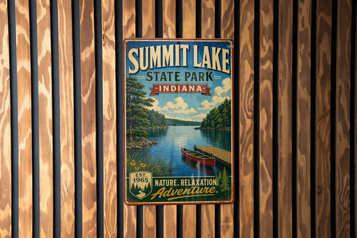 A vintage metal sign for Summit Lake State Park, Indiana, featuring a scenic image of a lake with a canoe and a dock.