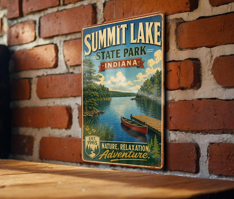 A vintage metal sign for Summit Lake State Park in Indiana, featuring a scenic image of a lake with a dock and a canoe, mounted on a brick wall.