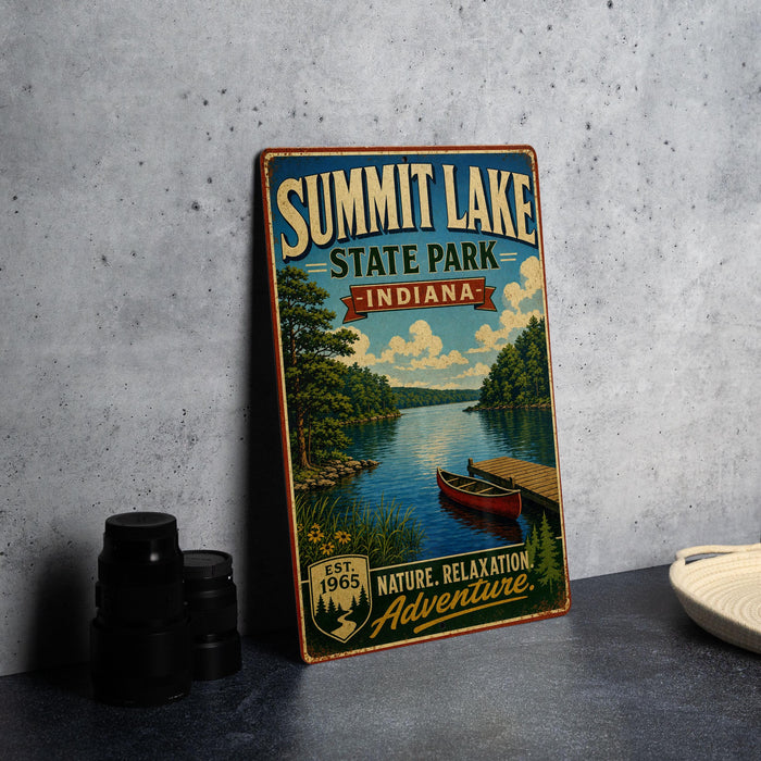 A vintage-style metal sign for Summit Lake State Park in Indiana, featuring a scenic illustration of a lake with a canoe, surrounded by trees and mountains.