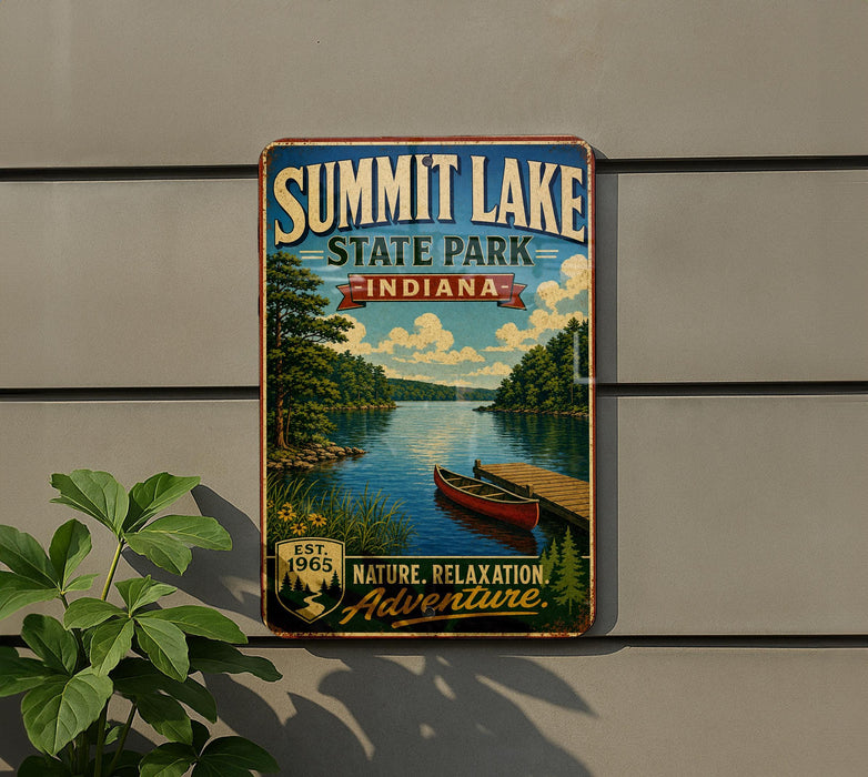 A vintage-style metal sign for Summit Lake State Park in Indiana, featuring a scenic image of a lake with a canoe and a dock.
