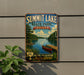 A vintage-style metal sign for Summit Lake State Park in Indiana, featuring a scenic image of a lake with a canoe and a dock.