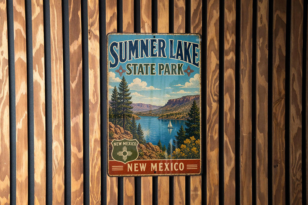 A vintage metal sign for Summer Lake State Park in New Mexico, featuring a scenic landscape with a lake, mountains, and a sailboat.