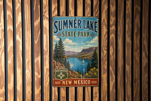 A vintage metal sign for Summer Lake State Park in New Mexico, featuring a scenic landscape with a lake, mountains, and a sailboat.
