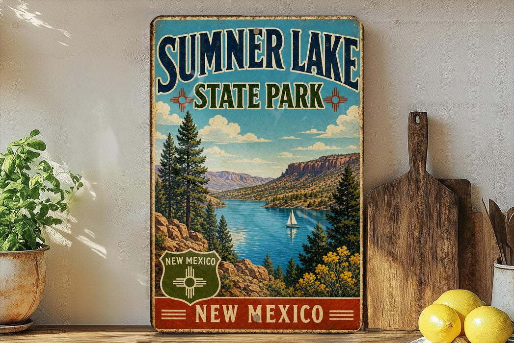 A vintage-style sign for Summer Lake State Park in New Mexico, featuring a scenic landscape with a lake, mountains, and a sailboat.