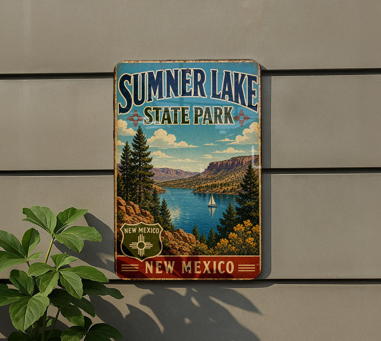 A vintage-style metal sign for Summer Lake State Park in New Mexico, featuring a scenic landscape with a lake, mountains, and a sailboat.