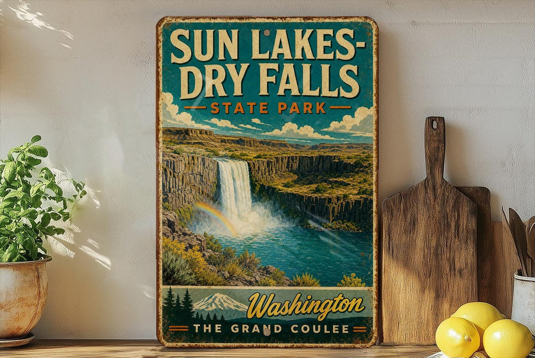 A vintage-style metal sign for Sun Lakes-Dry Falls State Park in Washington, featuring a waterfall and a mountain range.