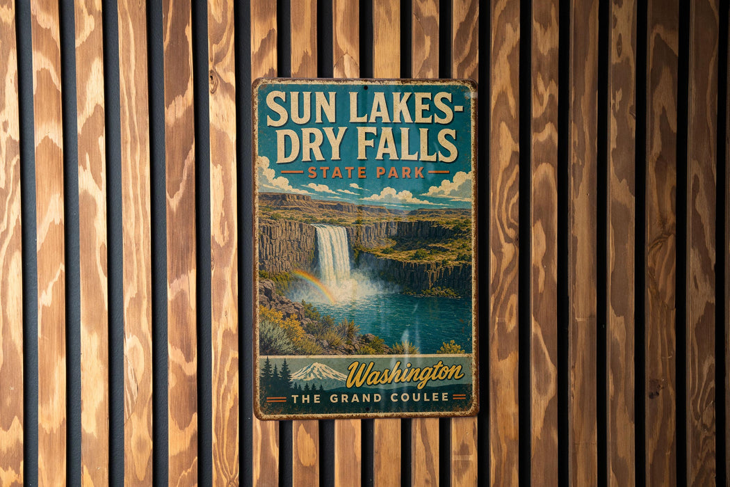 A vintage-style metal sign for Sun Lakes-Dry Falls State Park, featuring a waterfall and a scenic landscape.