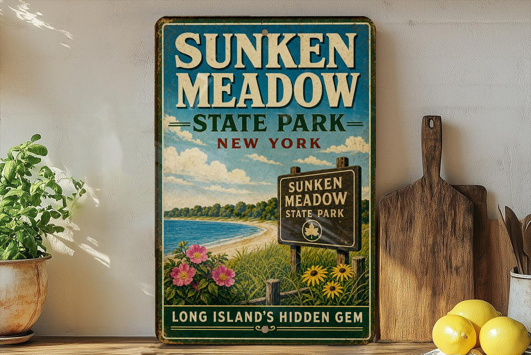 A vintage-style sign for Sunken Meadow State Park in New York, featuring a scenic landscape with a beach, flowers, and a sign indicating the location.