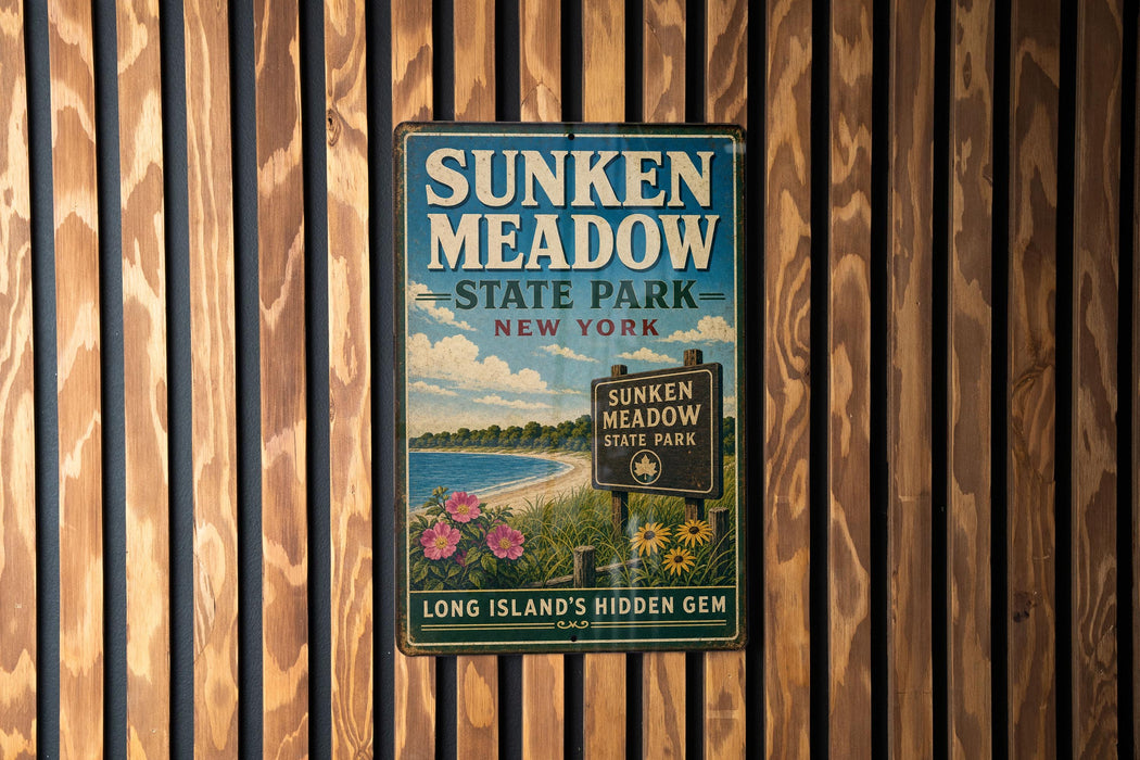 A vintage metal sign for Sunken Meadow State Park in New York, featuring a scenic landscape with a beach, flowers, and a blue sky.