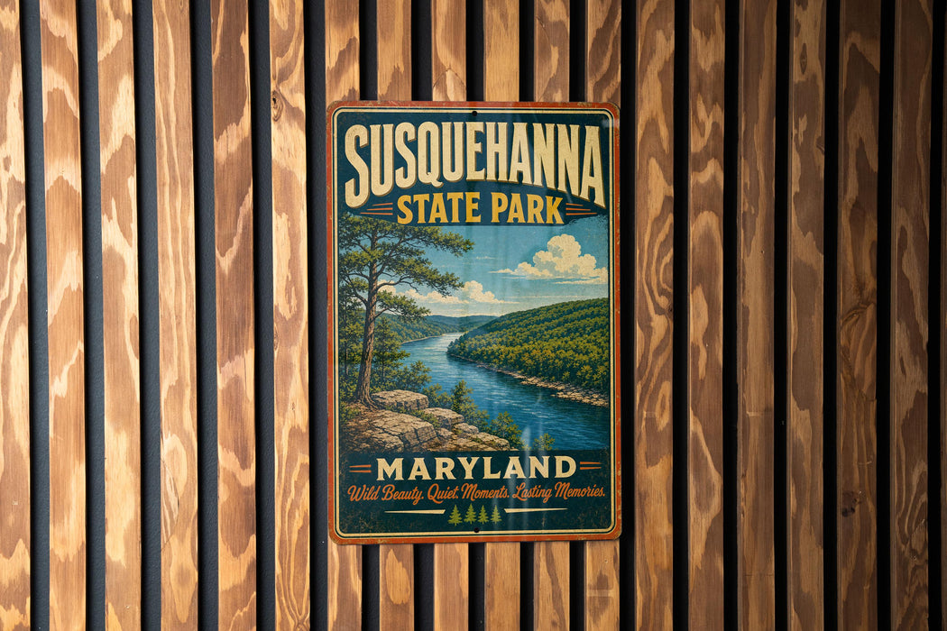 A vintage metal sign for Susquehanna State Park in Maryland, featuring a scenic landscape with a river and mountains.
