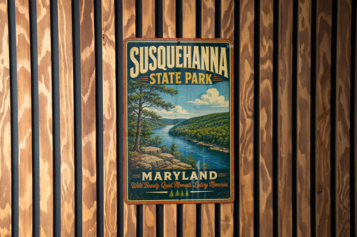 A vintage metal sign for Susquehanna State Park in Maryland, featuring a scenic landscape with a river and mountains.