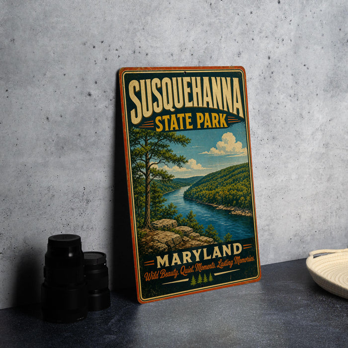 A vintage-style metal sign for Susquehanna State Park in Maryland, featuring a scenic landscape with a river and mountains.