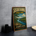 A vintage-style metal sign for Susquehanna State Park in Maryland, featuring a scenic landscape with a river and mountains.