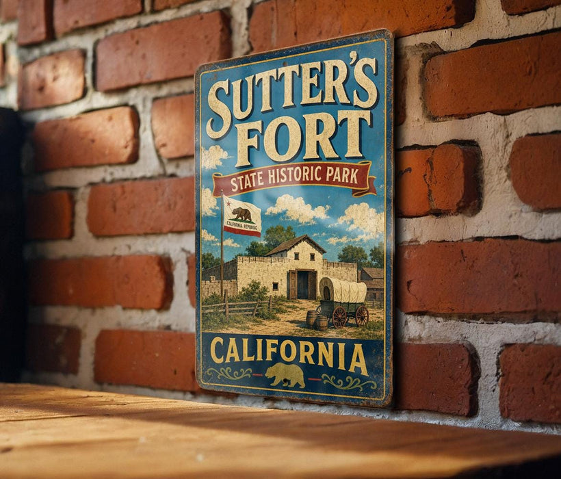A vintage-style metal sign for Sutter's Fort, a State Historic Park in California, is displayed on a brick wall.