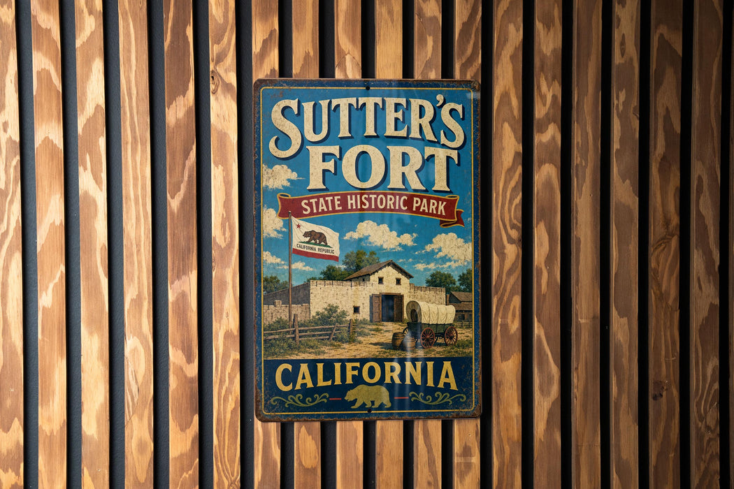 A vintage metal sign for Sutter's Fort State Historic Park in California, featuring a wooden fence and a cow in the background.