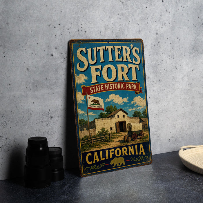A vintage-style metal sign for Sutter's Fort State Historic Park in California, featuring an illustration of a historical building and a California state flag.