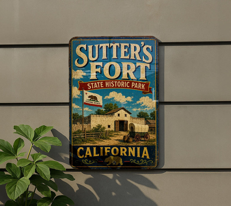 A vintage-style metal sign for Sutter's Fort, a historic park in California, featuring an illustration of a fort and a California state flag.