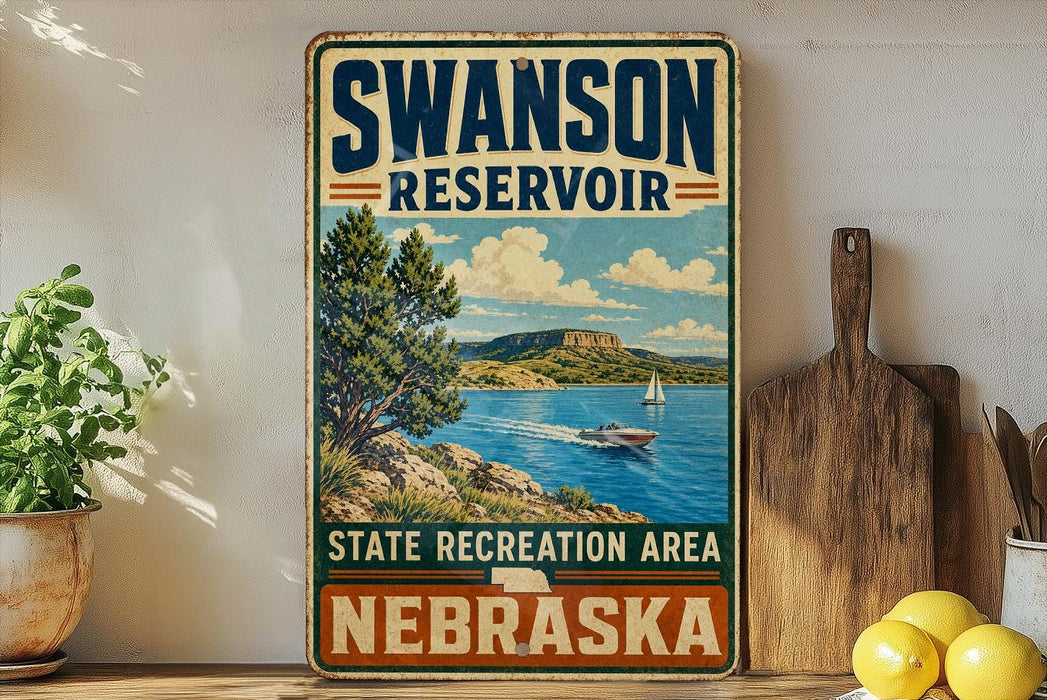 A vintage-style sign for the Swanson Reservoir State Recreation Area in Nebraska, featuring a scenic landscape with a lake, mountains, and a sailboat.