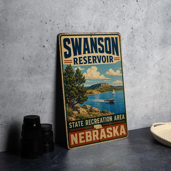 A vintage-style sign for the Swanson Reservoir in Nebraska, featuring a scenic illustration of a lake, mountains, and a sailboat.