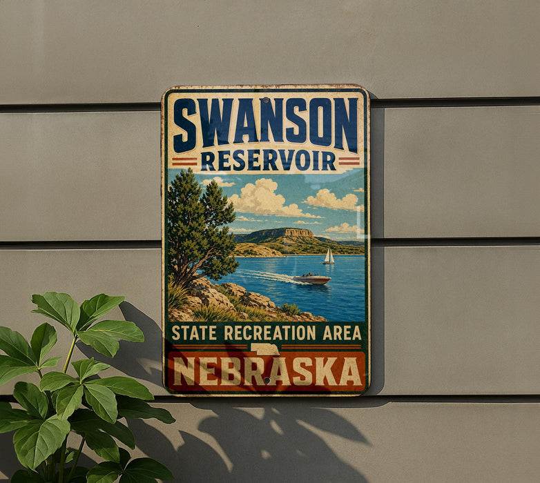 A vintage-style sign for the Swanson Reservoir State Recreation Area in Nebraska, featuring a scenic landscape with a lake, mountains, and a sailboat.