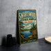 A vintage-style metal sign for Swartswood State Park in New Jersey, featuring a scenic landscape with a lake and trees.