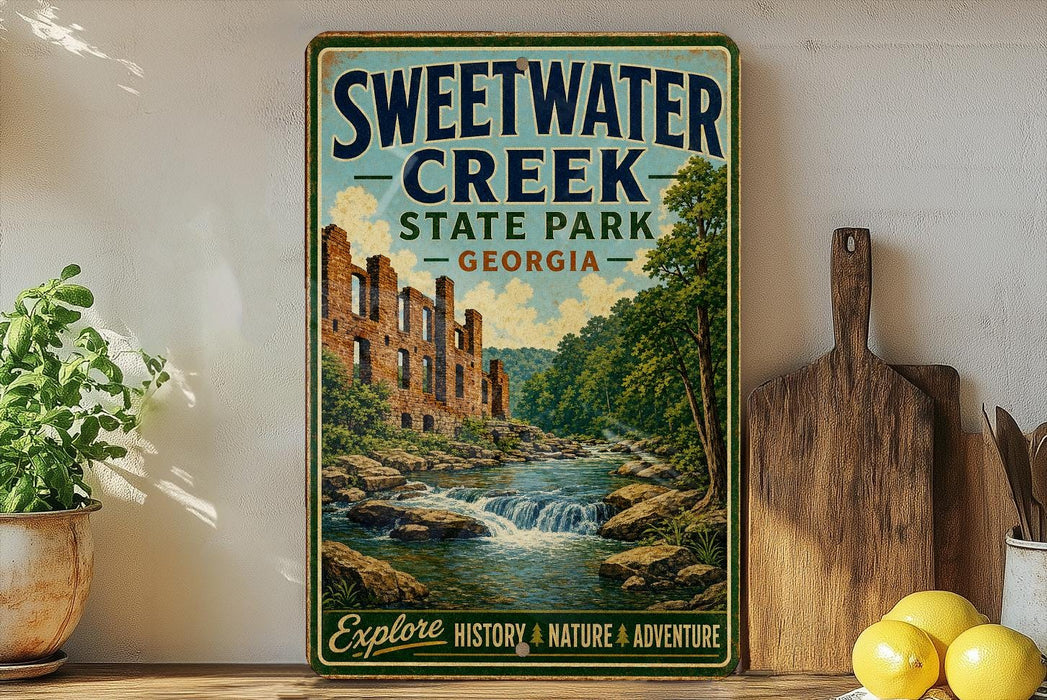 A vintage-style poster of Sweetwater Creek State Park in Georgia, featuring a scenic illustration of the creek and surrounding landscape.