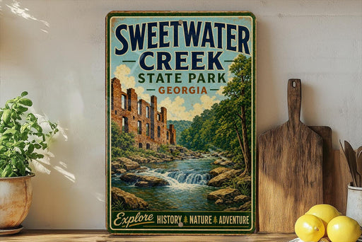 A vintage-style poster of Sweetwater Creek State Park in Georgia, featuring a scenic illustration of the creek and surrounding landscape.