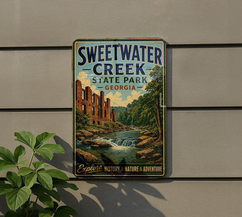 A vintage-style sign for Sweetwater Creek State Park in Georgia, featuring a scenic illustration of a waterfall and lush greenery.
