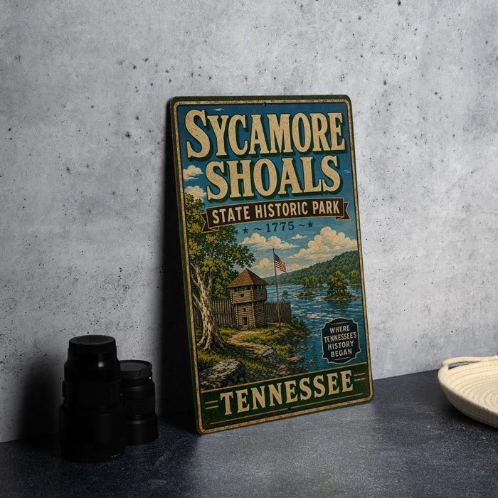 A vintage-style metal sign for Sycamore Shoals State Historic Park in Tennessee, featuring an illustration of a historic fort and a river.