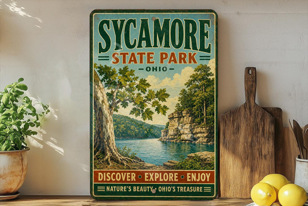 A vintage-style poster for Sycamore State Park, Ohio, featuring a scenic landscape with a lake and trees.