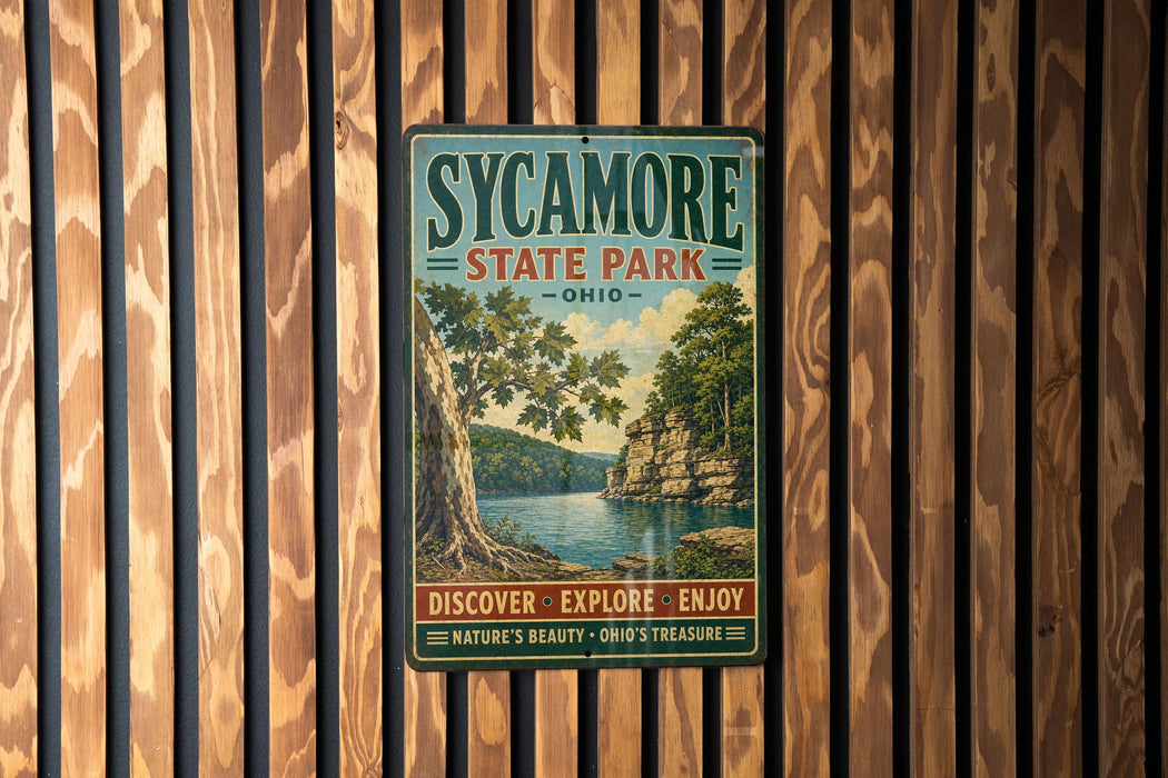A vintage-style sign for Sycamore State Park in Ohio, featuring a scenic landscape with a lake and trees.