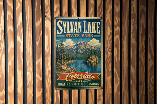 A vintage-style metal sign for Sylvan Lake State Park, featuring a scenic landscape with mountains, trees, and a lake.
