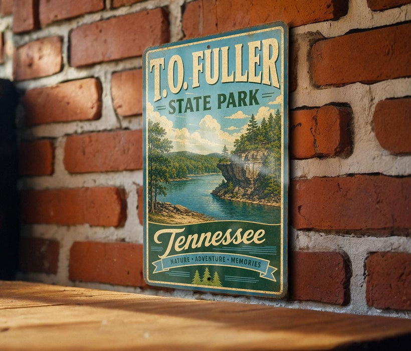 A vintage-style metal sign for Tennessee State Park hangs on a brick wall, featuring a scenic landscape with a lake and mountains.