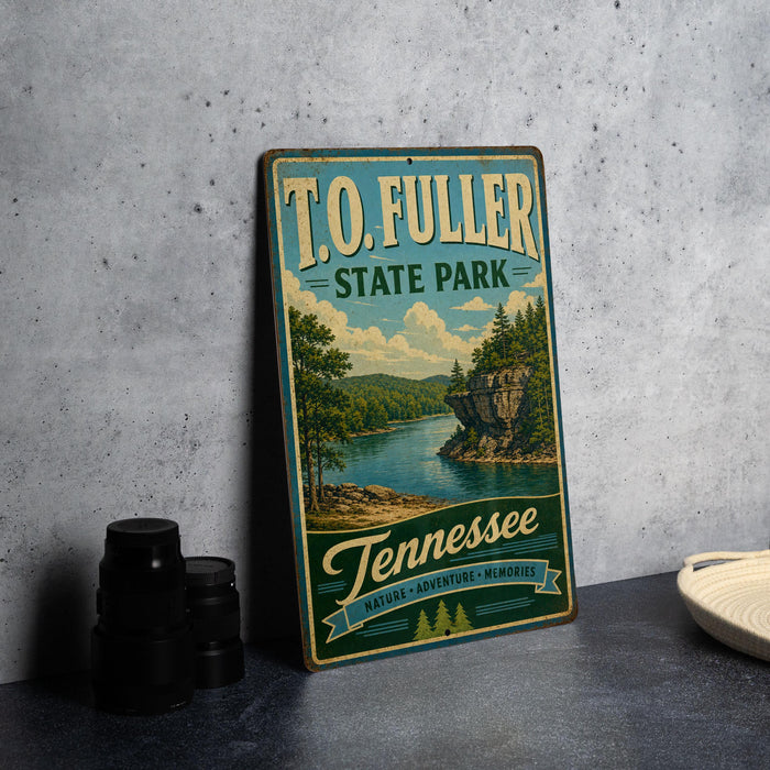 A vintage-style sign for Tennessee State Park, featuring a scenic landscape with a river and forest.