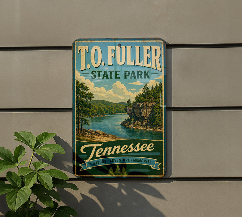 A vintage-style sign for Tennessee State Park, featuring a scenic landscape with a river, trees, and a cliff.